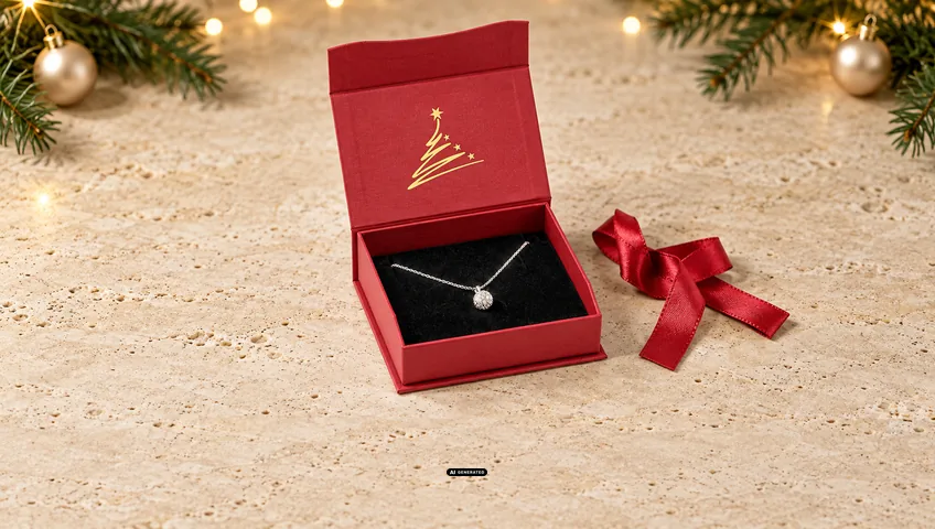 LESER jewellery case 0275 CELEBRATION in red, opened, with the TREE Christmas design in gold inside the lid