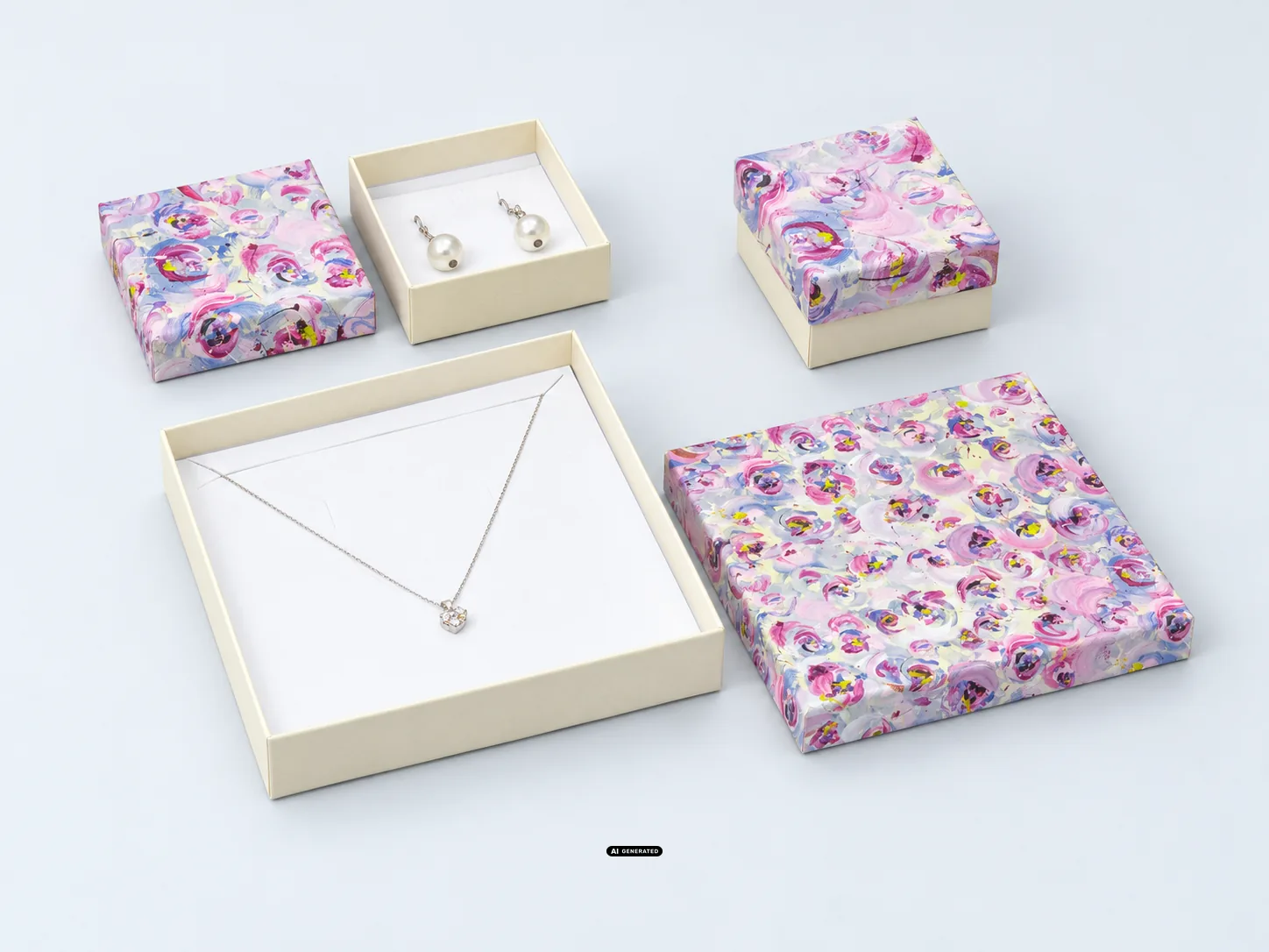 Cardboard boxes from the 0140 FLOWER series in floral/cream with jewellery